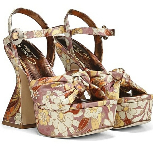 New Sam Edelman Floral 10 Boho Funky Disco Retro Platform Heel Ankle Strap - Picture 1 of 6